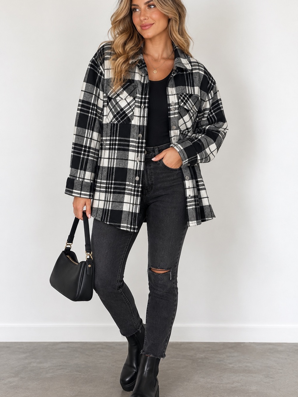 Zenana Outfitters Black & White Plaid Utility Jacket